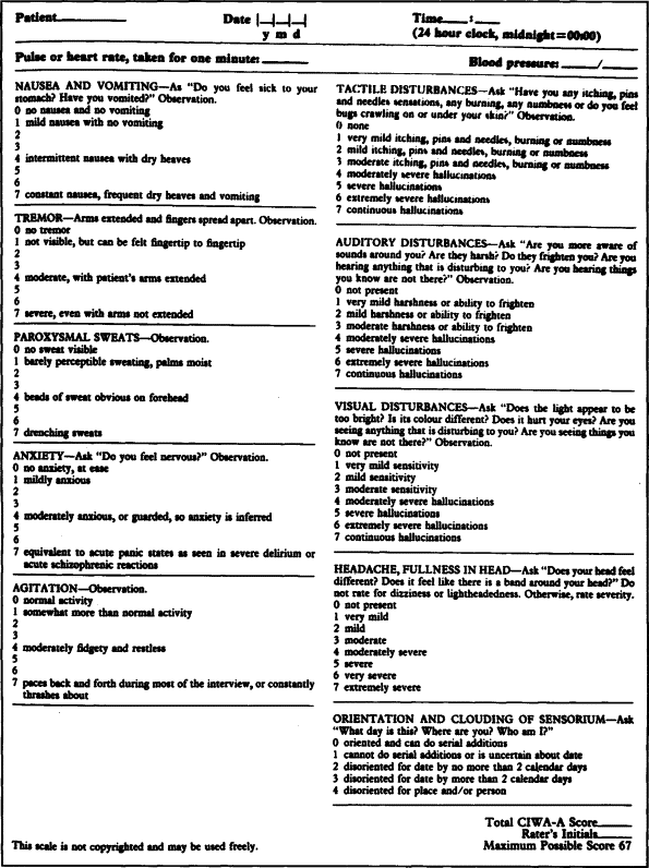 Alcohol Withdrawal Scale Aws